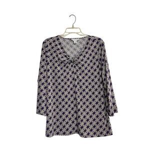 Liz Claiborne XXL Blouse Top Purple White‎ Geometric 3/4 Sleeve